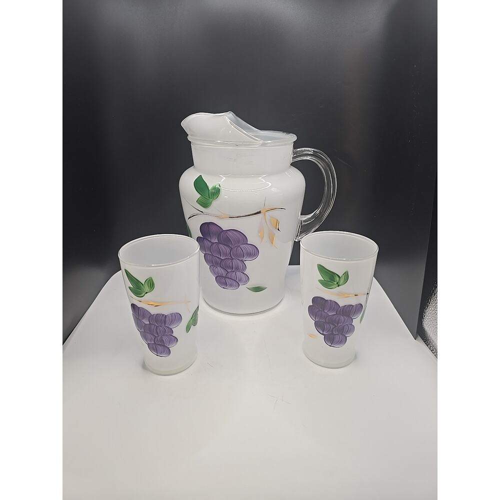 Vintage 1950's Bartlett Collins‎ Water Pitcher Set Juice Glasses Frosted Grape